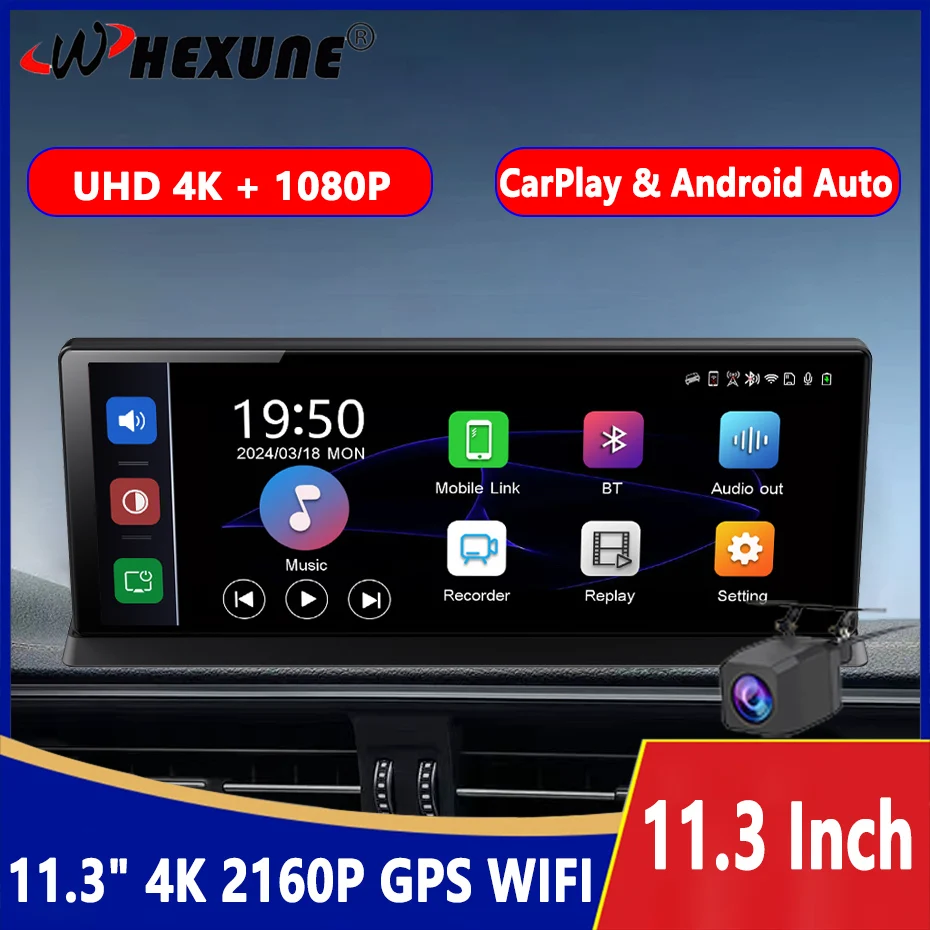 

11.3" Rearview 4K Dash Cam Dual Camera 2160P Car DVR Carplay & Android Auto GPS Navigation Video Recorder Dashboard 5G WiFi AUX