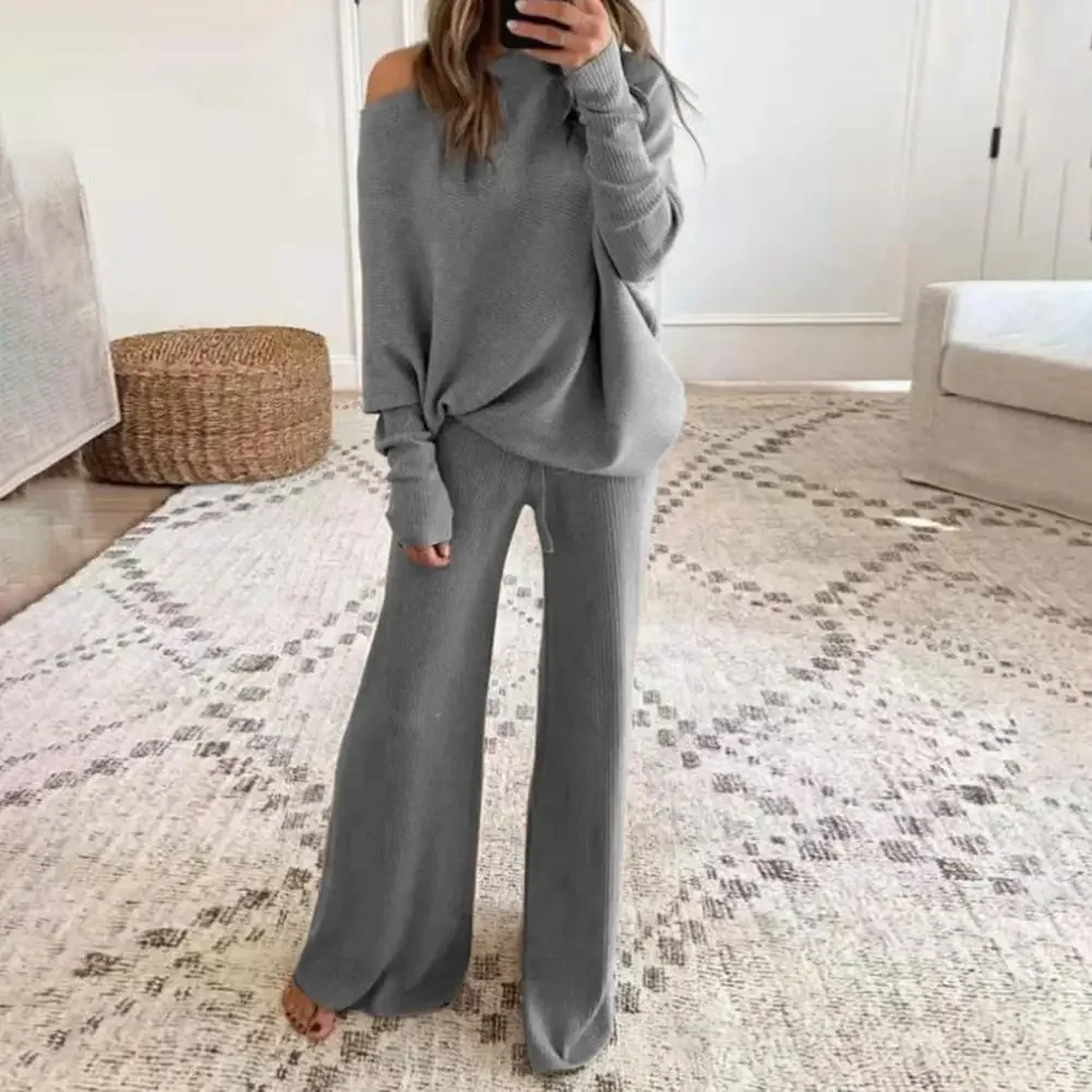 

1 Set Elegant Women Pullover Top Pants Solid Color Drawstring Autumn Winter Slanted Neck Sweatshirt Sweatpants Two Piece Suit