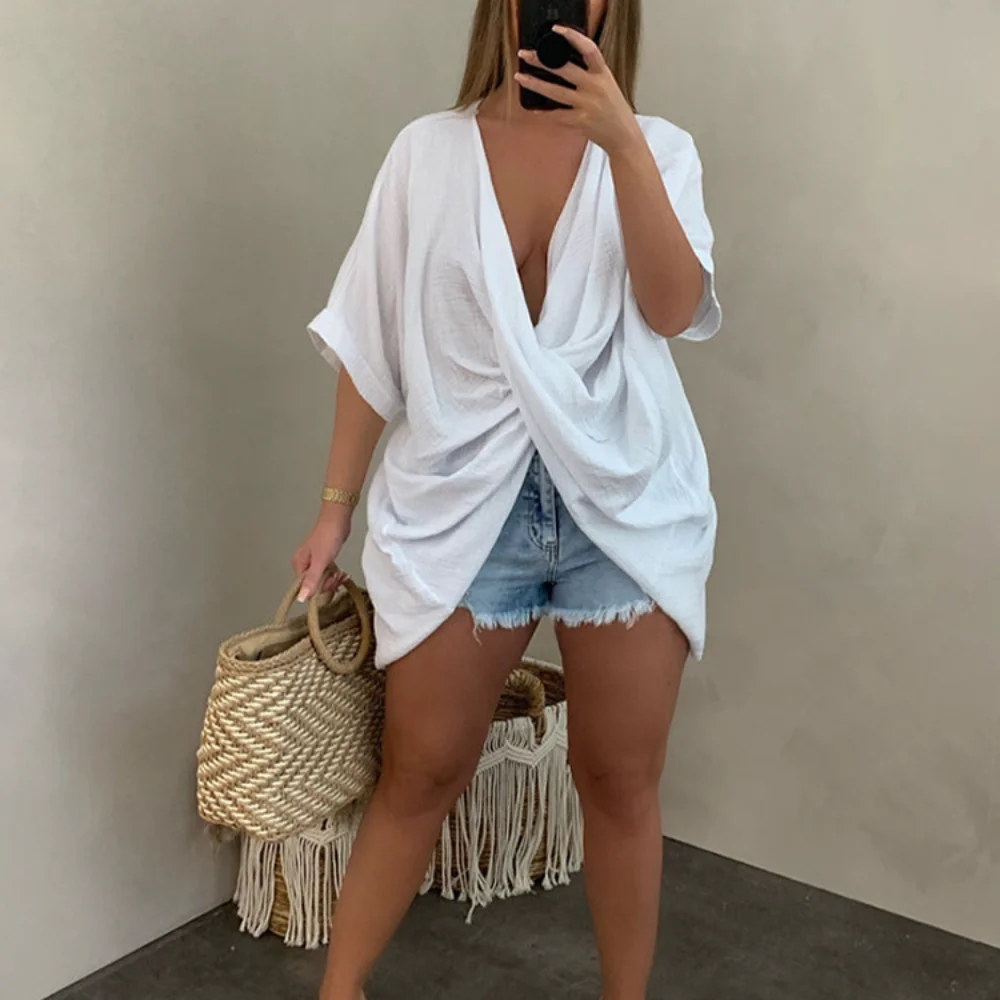 

Twist Front Draped Baggy Basic T-shirts for Women Simple Plunge V-neck Short Sleeve Tops Casual Summer Solid Irregular Tshirts