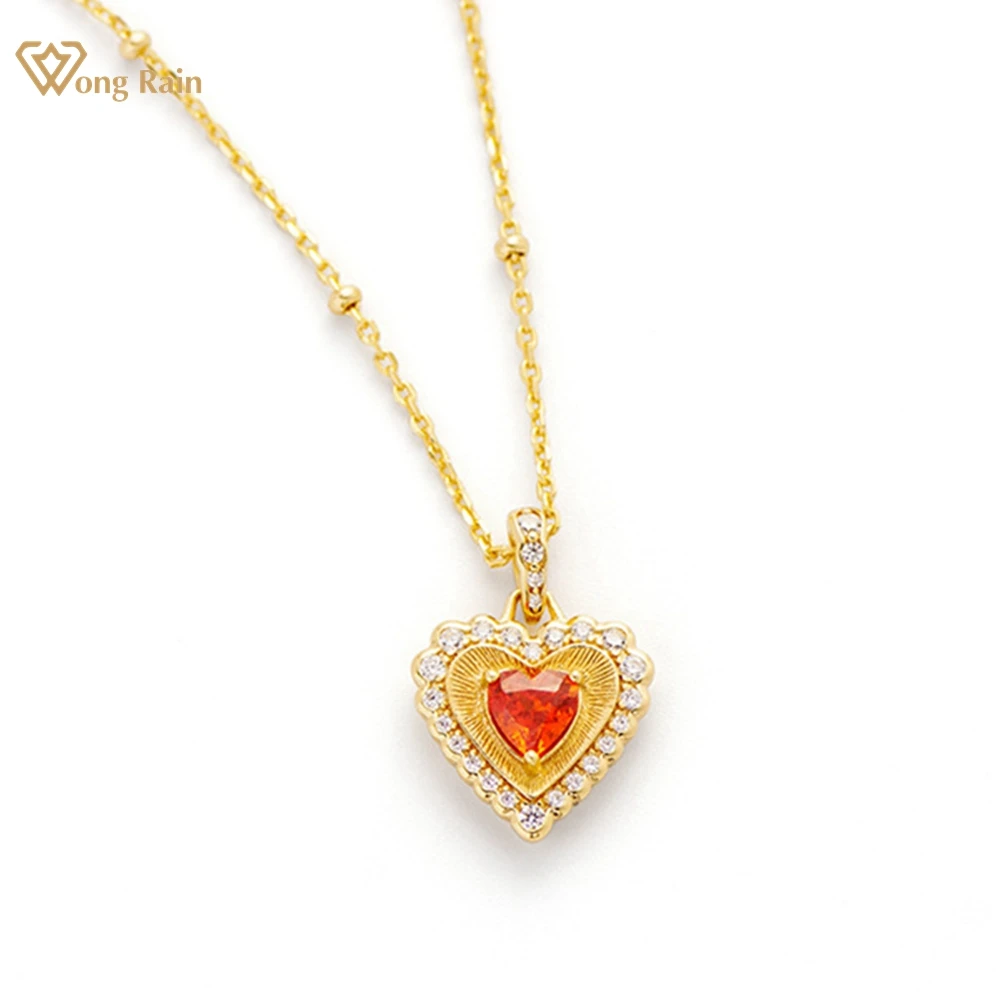 

Wong Rain 18K Gold Plated 925 Sterling Silver Heart Cut Padparadscha Gemstone Vintage Pendant Necklace for Women Fine Jewelry