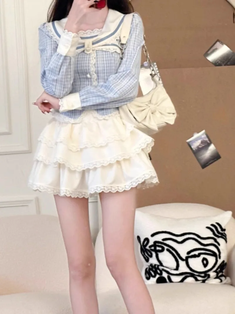 

College Navy Collar Shirt Cake Skirt Two Piece Set Women Fashion Lace Splice Stripes Sweet College Slim Spring Korean Spicy Suit