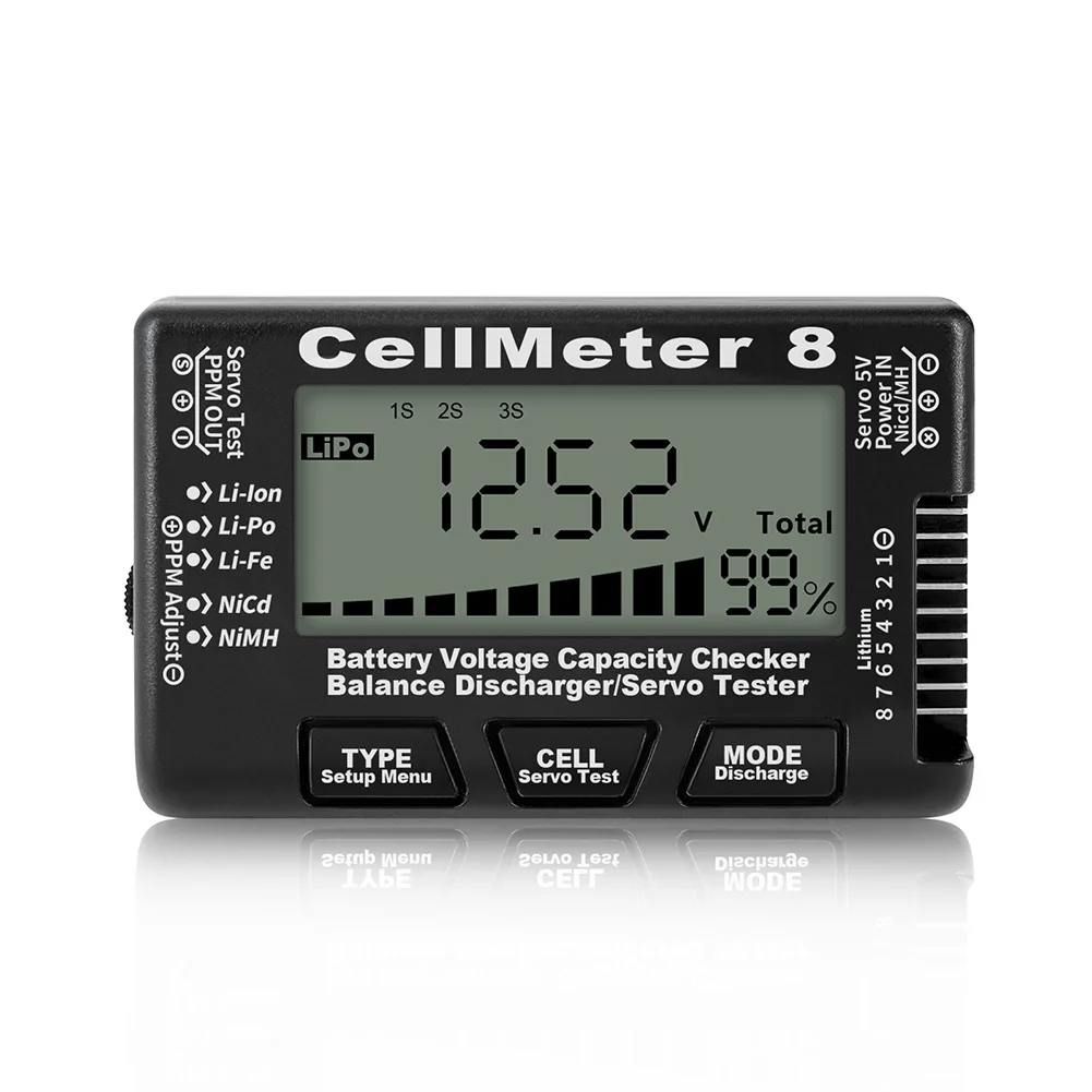 CellMeter8 Battery Capacity Tester LCD Digital Display Compatible with LiPo/Li lon/Li Fe & NiCd/NiMH Batteries
CellMeter8 Battery Capacity Tester LCD Digital Display Compatible with LiPo/Li lon/Li Fe & NiCd/NiMH Batteries