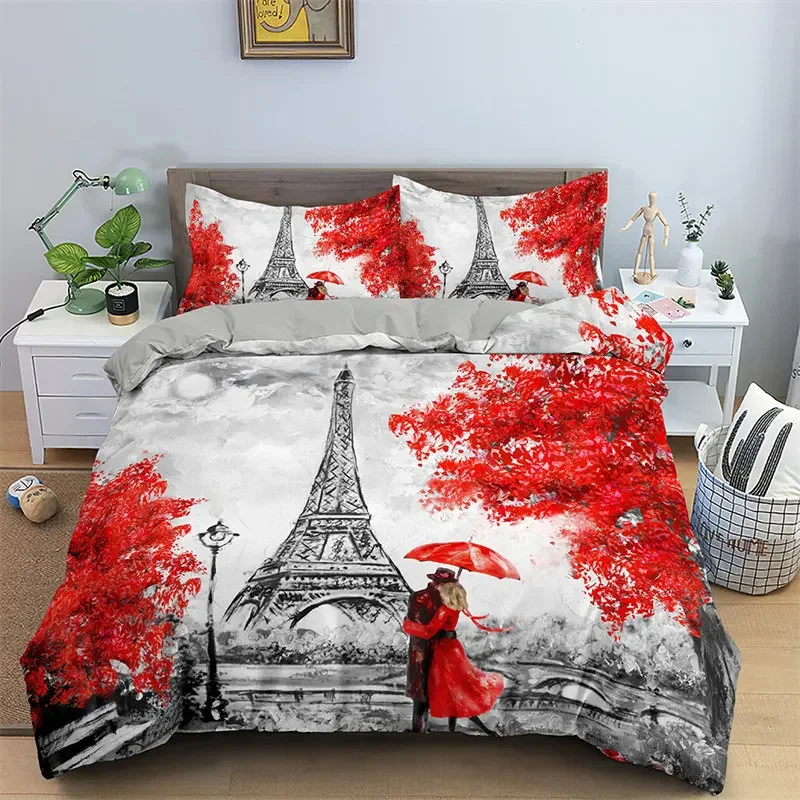 

Paris Eiffel Tower King Duvet Cover Romantic Theme Sweet Couple Bedding Set Microfiber Red Flowers Comforter Cover For Girl Teen