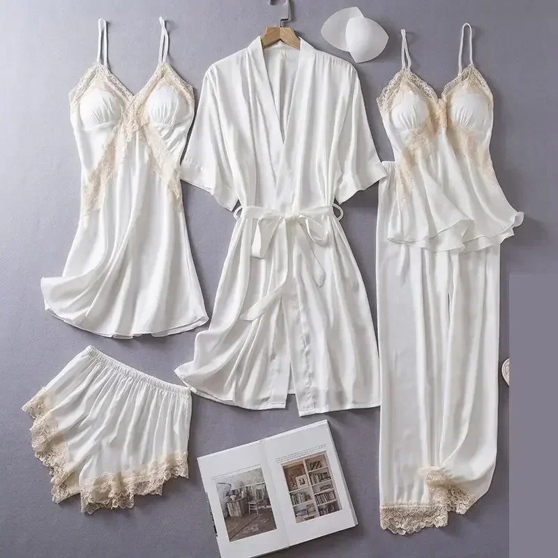 

Loungewear Lace Piece 5 Nightdress Satin Nightgown Set Pajamas Sleepwear Women Sleep White Homewear Spring Suit Bathrobe