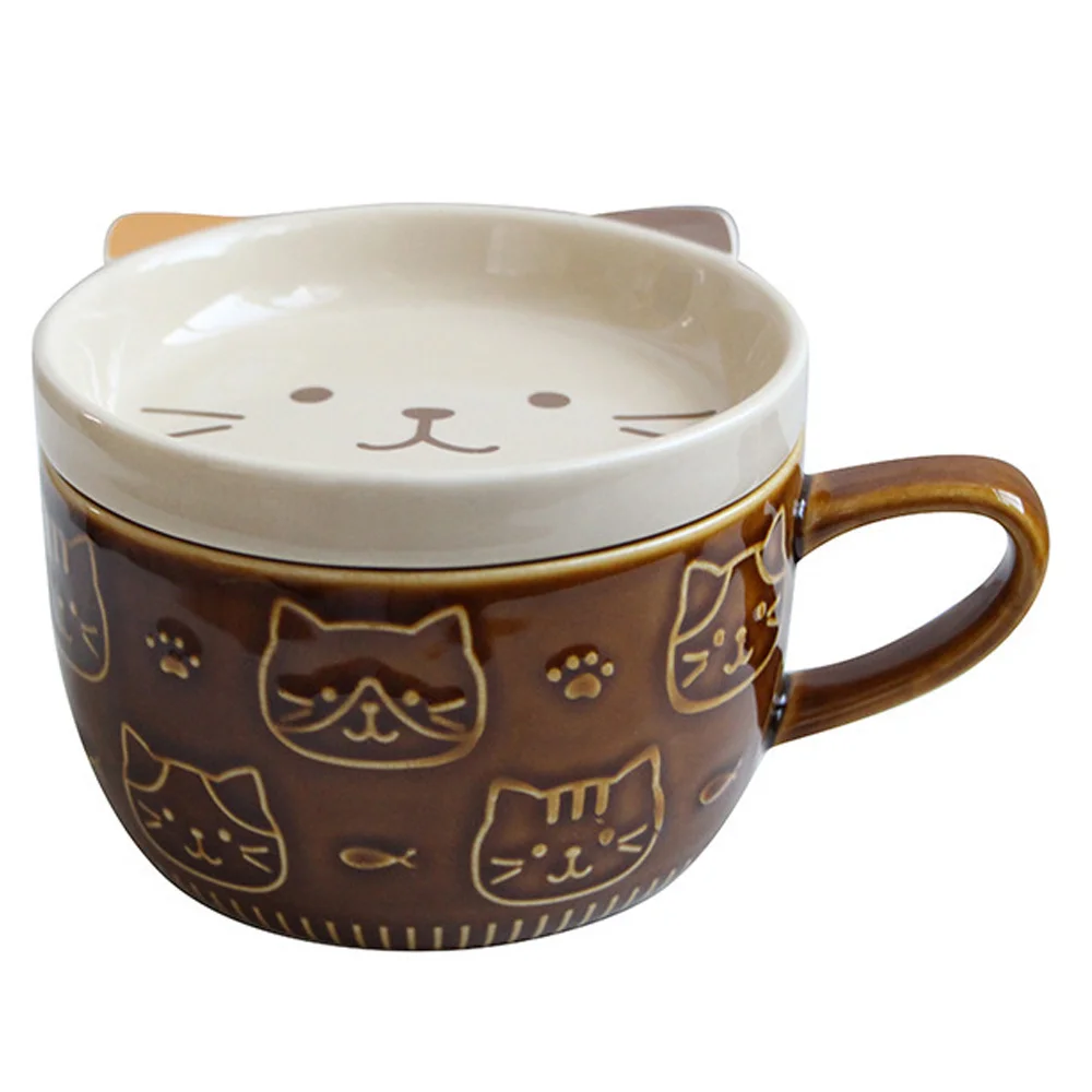 

Creative Ceramic Coffee Mugs with Lid Cute Cat Porcelain Cup Family Breakfast Milk Juice Cup Beverage(Brown)