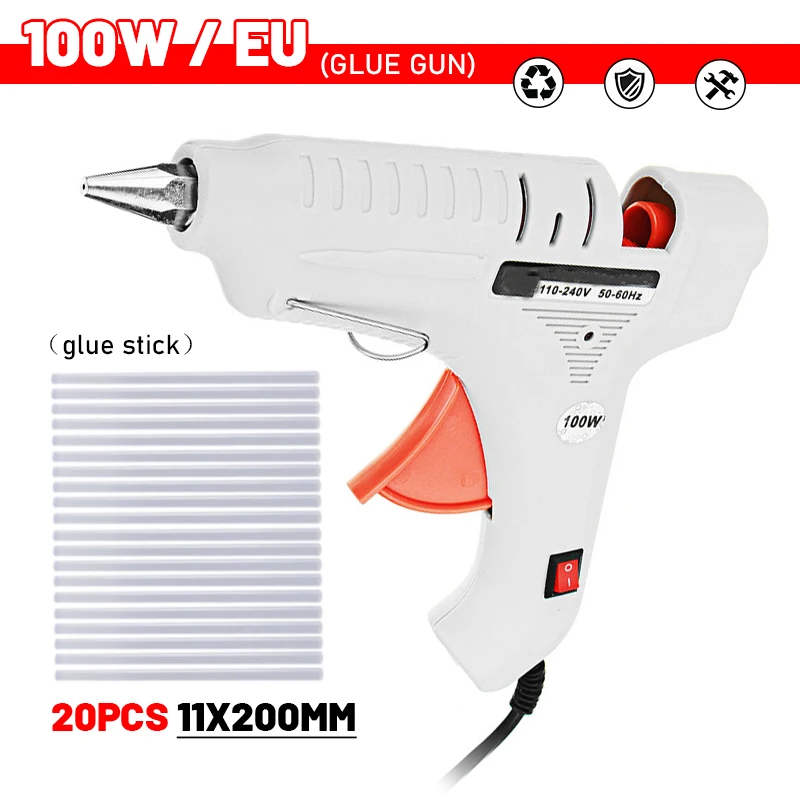 

100W AC 100-240V Hot Melt Glue Gun EU Plug High Temp Heater Mini Industrial Gun No Glue Leakage With 20pcs 11mm Glue Sticks