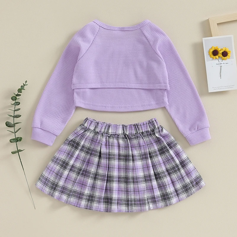 

Kids Girl 3 Piece Outfit Waffle Camisole and Plaid Pleated Skirt Long Sleeves Cardigan Set Toddler Summer Clothes