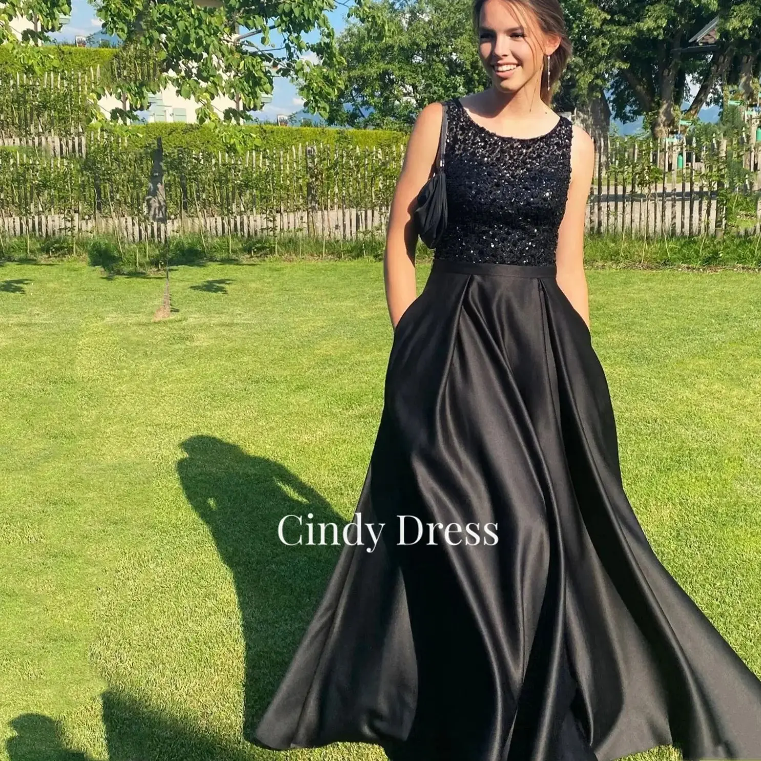 

Cindy Black Beaded Satin Sleeveless Party Dresses Gala Woman 2023 Luxurious Women's Evening Prom Dress Elegant Luxury Gown Saudi