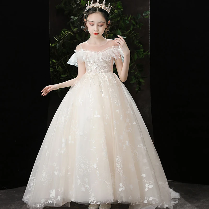 

Girls Fashion Clothes Princess Skirt Women Walk Show Wedding Dress Puffy Yarn Trailing Foreign Style Flower Children Piano Suit