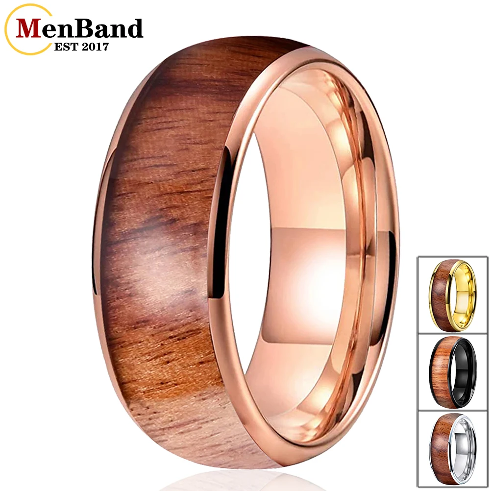 

MenBand Fashion Rose Gold 6MM 8MM Men Women Tungsten Carbide Wedding Ring Vietnam Acid Wood Inlay Dome Polished Comfort Fit