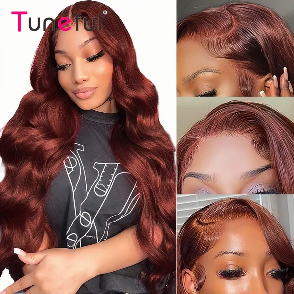 

Auburn Reddish Brown 13x4 33# Brazilian Body Wave Human Hair Lace Front Wigs Tuneful Colored Pre Pucked HD Lace Frontal Wigs