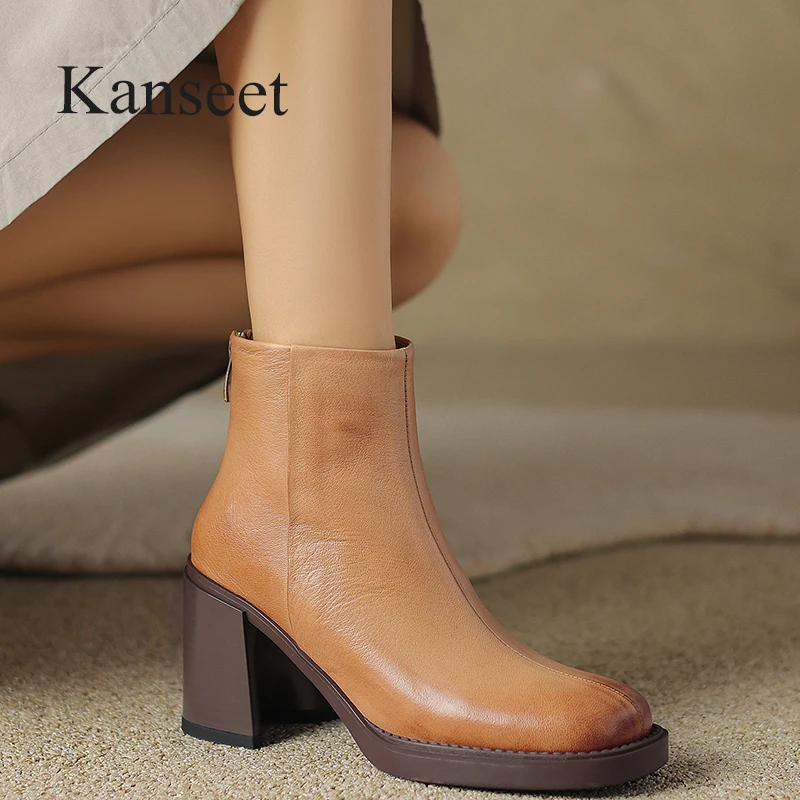 

Kanseet 2023 Winter Short Boots Women Round Toe Vintage High Quality Genuine Leather Shoes 8cm High Heel Lady Ankle Boot Apricot