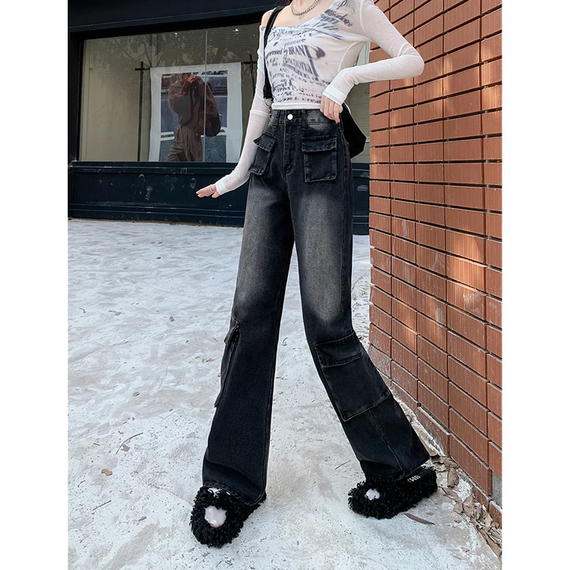 

Black Womens Jeans High Waist Vintage Straight Baggy Pants Streetwear Multiple Pockets Style Y2k Fashion Wide Leg Denim Trouser