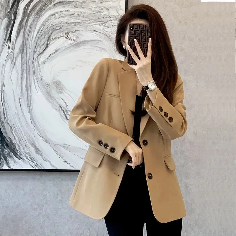 

Женский облегающий костюм-пиджак, однобортный пиджак цвета хаки и черного цвета с отложным воротником и длинным рукавом, короткое пальто в Корейском стиле для весны и осени