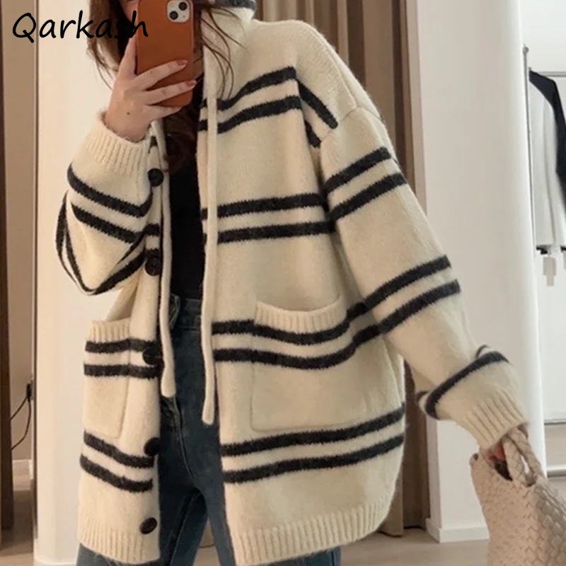 

Hooded Cardigans Women Baggy Striped Cozy Winter Students BF Ulzzang Drawstring Basic Sweaters Harajuku Popular Knitted Pockets