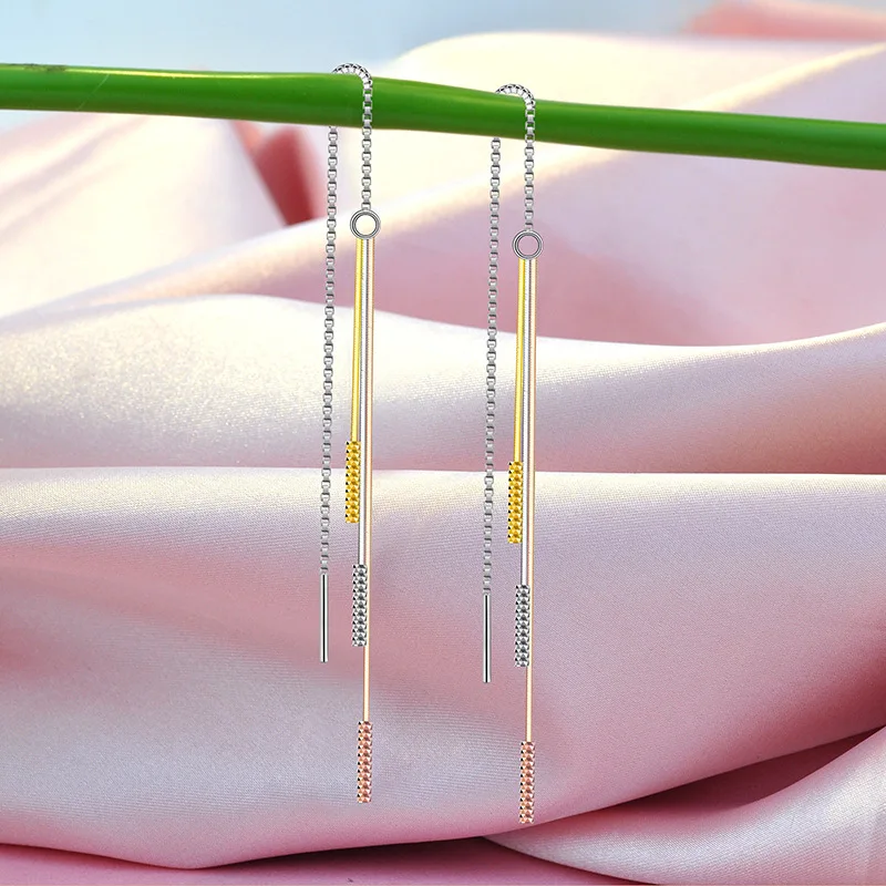 Earrings Female 925 Colored Gold-Plated Sterling Silver Tassel Hanging Earrings Temperament Long Color Silver Earrings Fashion P 
Earrings Female 925 Colored Gold-Plated Sterling Silver Tassel Hanging Earrings Temperament Long Color Silver Earrings Fashion P