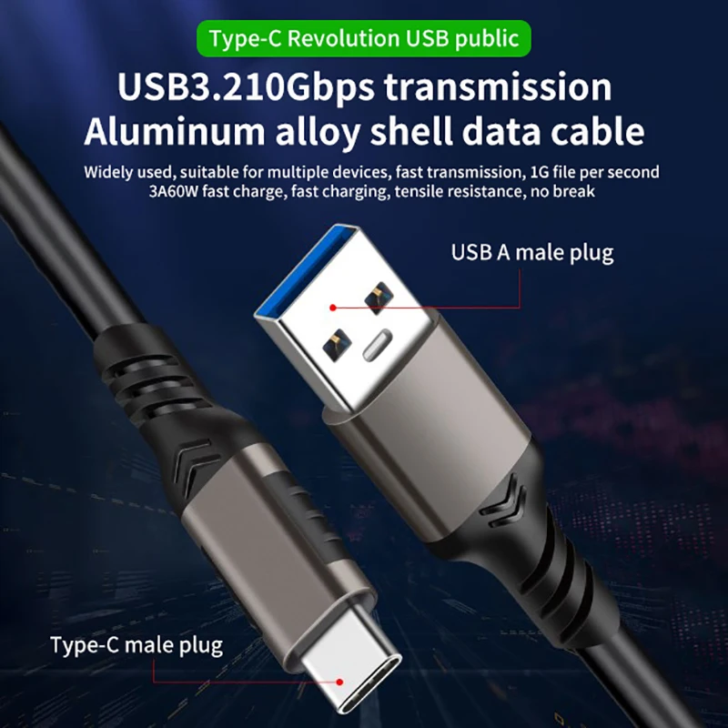 

USB3.2 10Gbps Cable USB Type C To USB A 3.2 Gen2 Cable Data Transfer USB C SSD Hard Disk Cable 3A 60W QC 3.0 Fast Charging