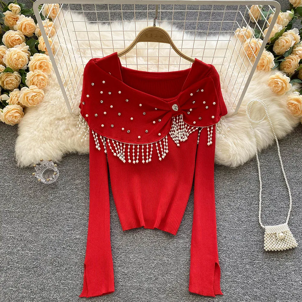 

Chic Temperament Knit Tops Mujer Long Sleeve Sexy Slim Woman Sweaters Beading Square Collar Ruffled Slim-Waist Pullovers