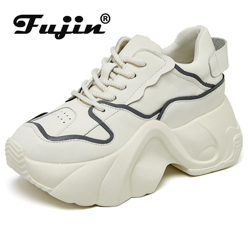 

Fujin 8cm Platform Wedge Spring Mixed Color Comfy Genuine Leather Autumn Women Daddy Vulcanize Chunky Sneaker Breathable Shoes