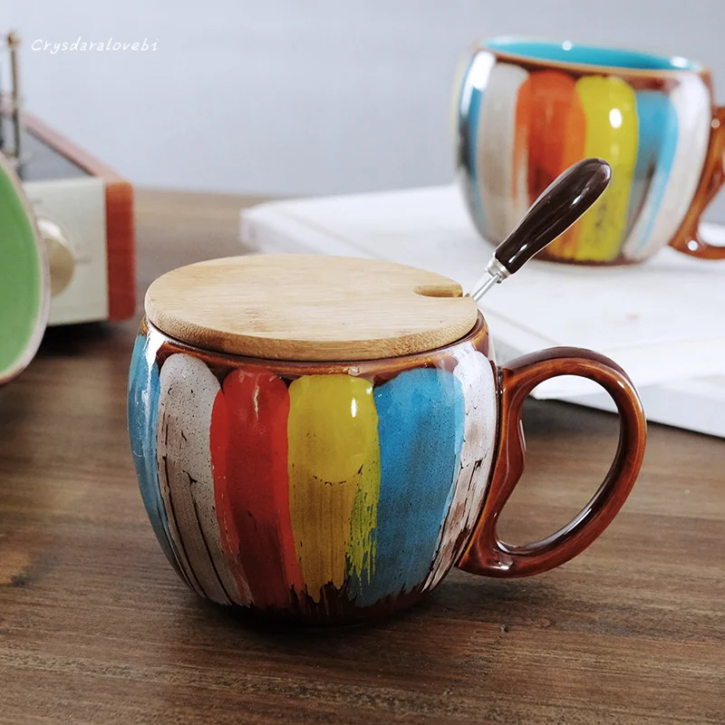 

Керамическая чашка для воды в Европейском стиле, креативная кофейная чашка ручной работы, чашка для молока, чашка для пары, чашка для завтрака, кружка, ложка с крышкой