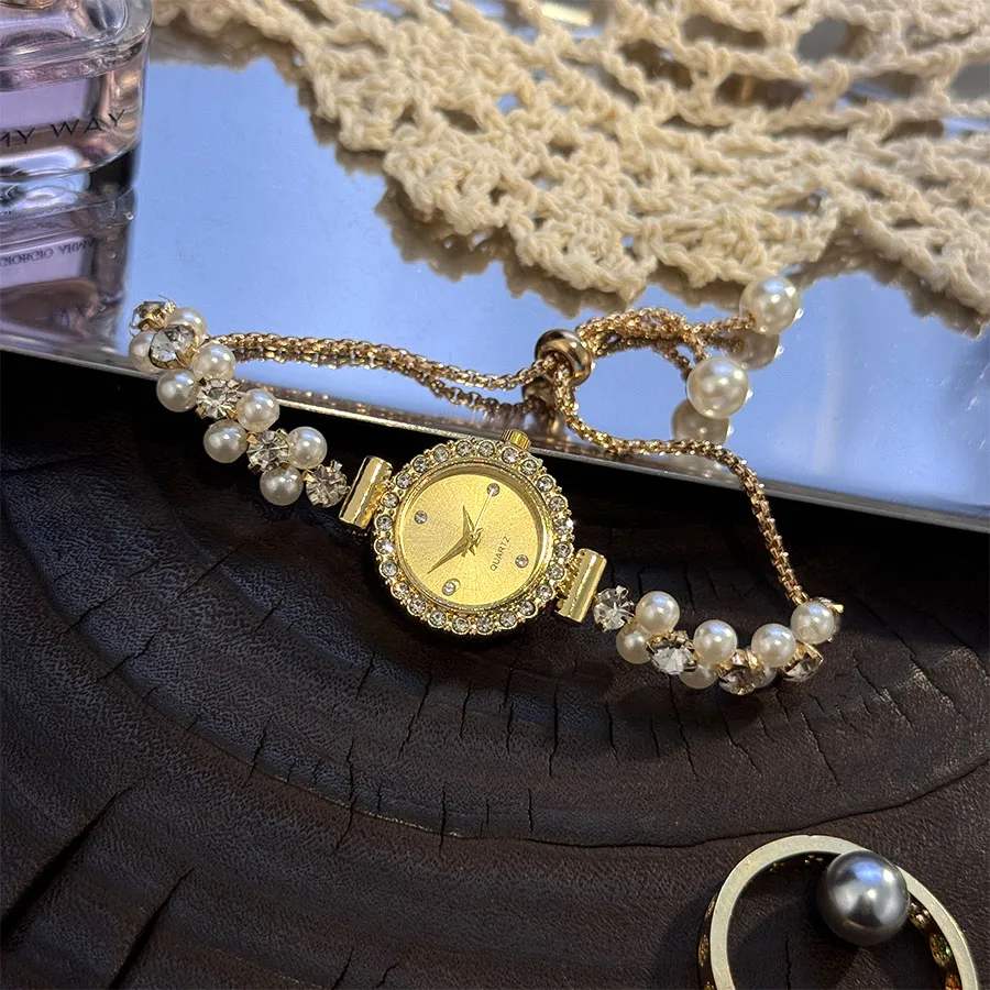 Double-Row Pearl Diamond-Encrusted Pull Rope Bracelet Women's Quartz Watch Romantic SweetStyle Fashion Luxury Niche Wristwatch Double-Row Pearl Diamond-Encrusted Pull Rope Bracelet Women's Quartz Watch Romantic SweetStyle Fashion Luxury Niche Wristwatch