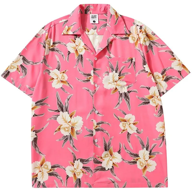 

Retro Cuba Collar Shirts for Men Hawaiian Fashion Beach Blouse Summer Chiffon Short Sleeve Tops Aesthetic Pink Flower Y2K Camisa