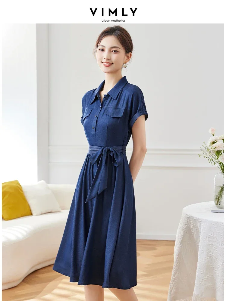 

Vimly Elegant Belted Summer Dress Women 2024 Fashion Solid Retro Blue A Line Short Sleeve Swing Dresses Womans Clothing M2179