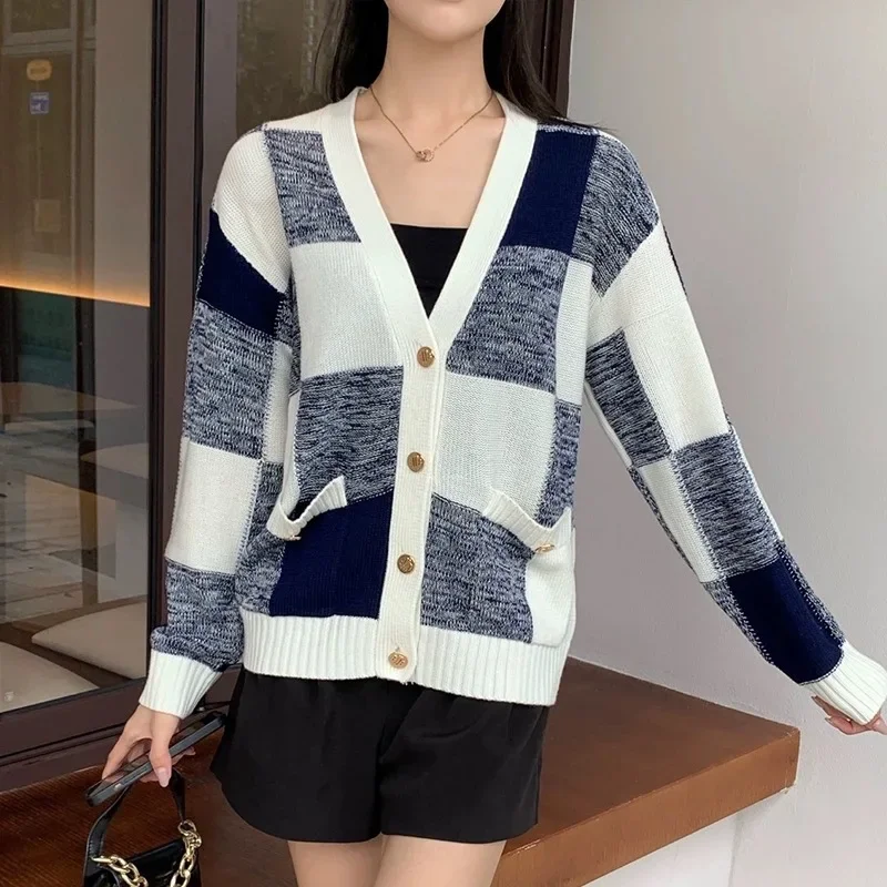 

Women Knitted Cardigan Contrast Color Plaid Single Breasted V-Neck Long Sleeve Loose Autumn 2023 Sweater