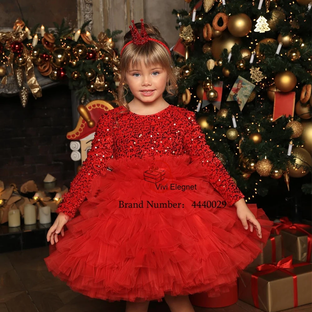 

Burgundy Flower Girl Dresses for Christmas 2023 Scoop Soft Tulle Christmas Gown Summer Sequined New Full Sleeve فساتين بنات صغار