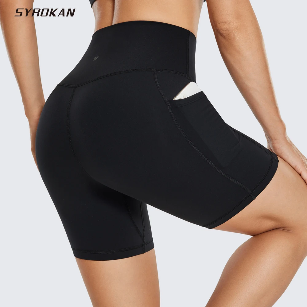 

SYROKAN Women Yoga Shorts Leopard Printed Naked Feeling Athletic Biker 6 Inches Summer Tight Hips Lifting Short Pants Pockets