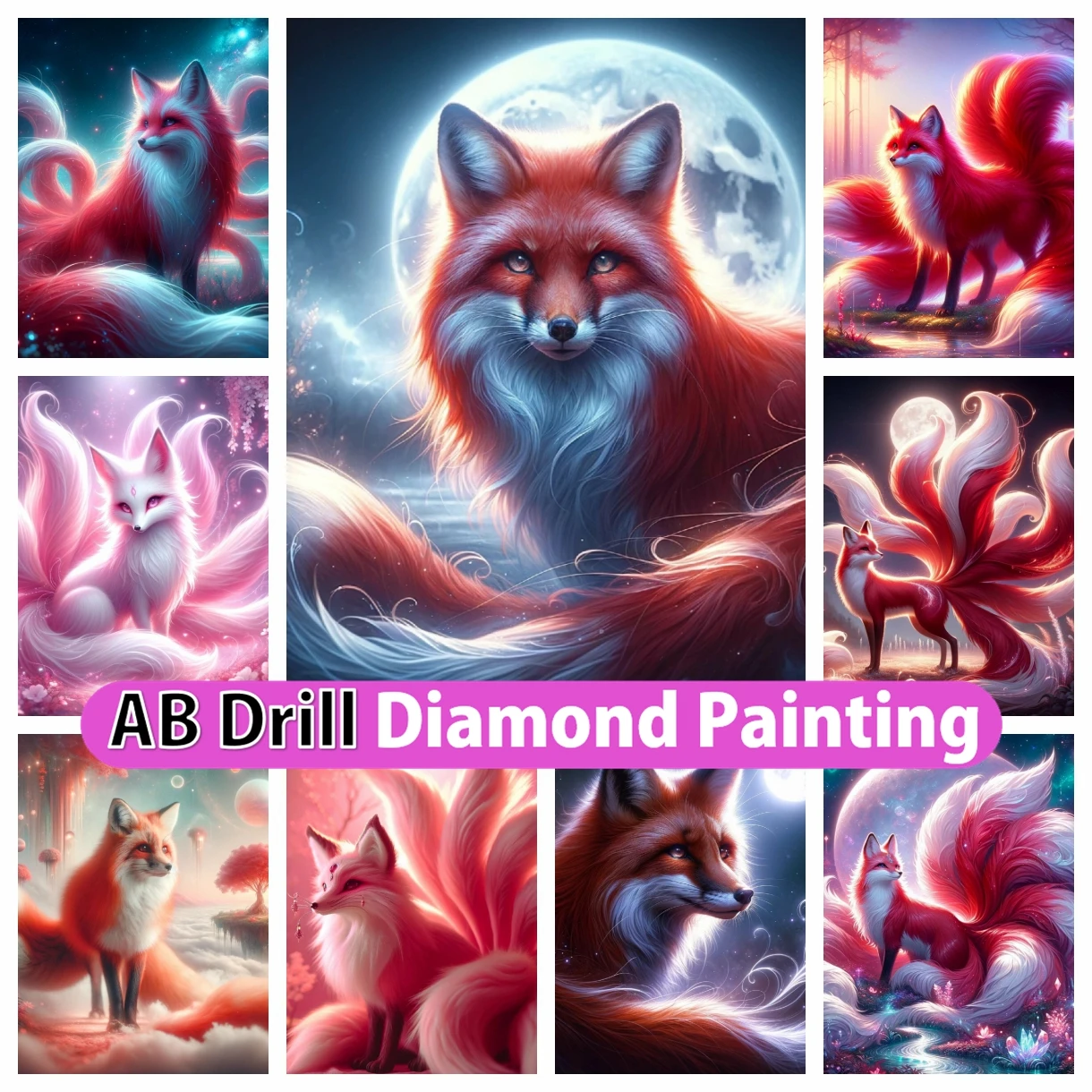 

Red Fox 5D DIY AB Diamond Painting Mosaic Nine-tailed Fox Fantasy Animal Full Square Round Cross Stitch Embroidery Home Decor