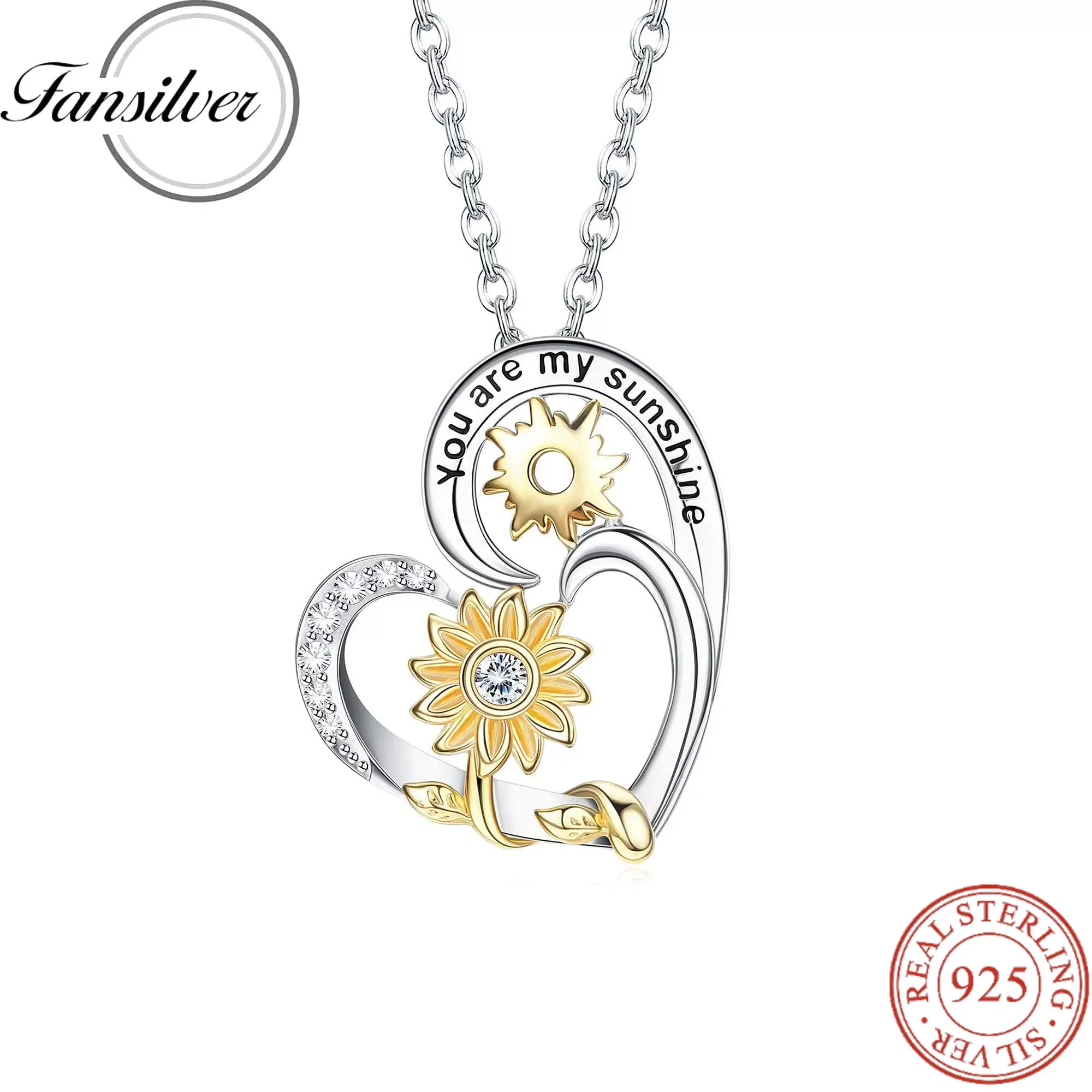 

Fansilver 925 Sterling Silver Necklace 14K Gold Plated You're My Sunshine Sunflower Heart Pendant Neck Chain Valentines Day Gift