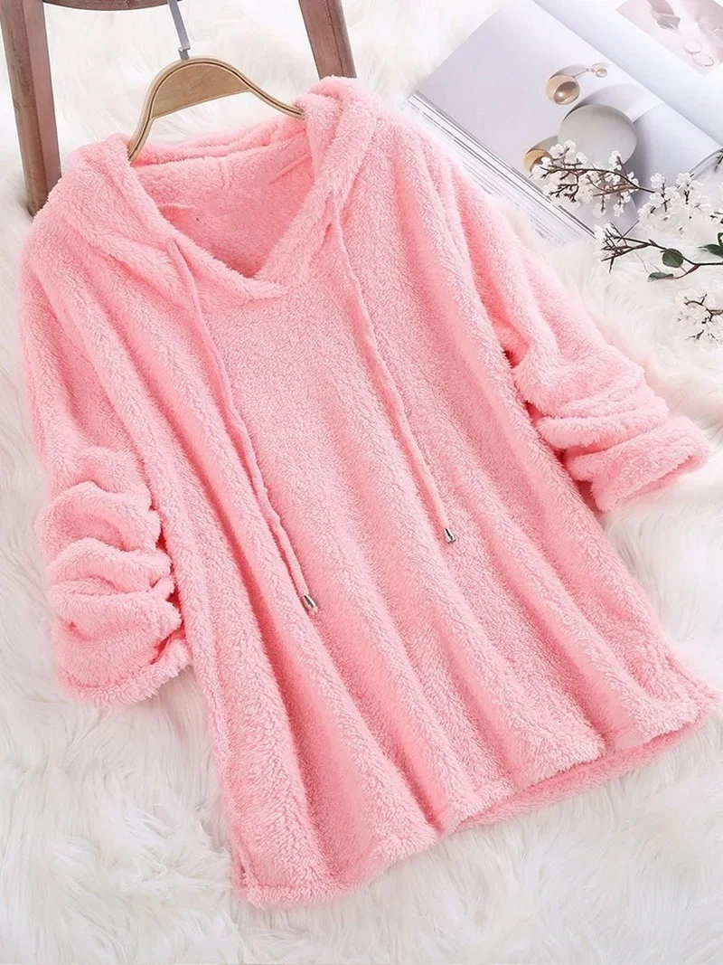 

Women Warm Solid Fluffy Hoodie Flannel Pullover 2023 Autumn Winter Long Sleeve Plush Pajama Loose Hoodie Sweatshirts Tops Female
