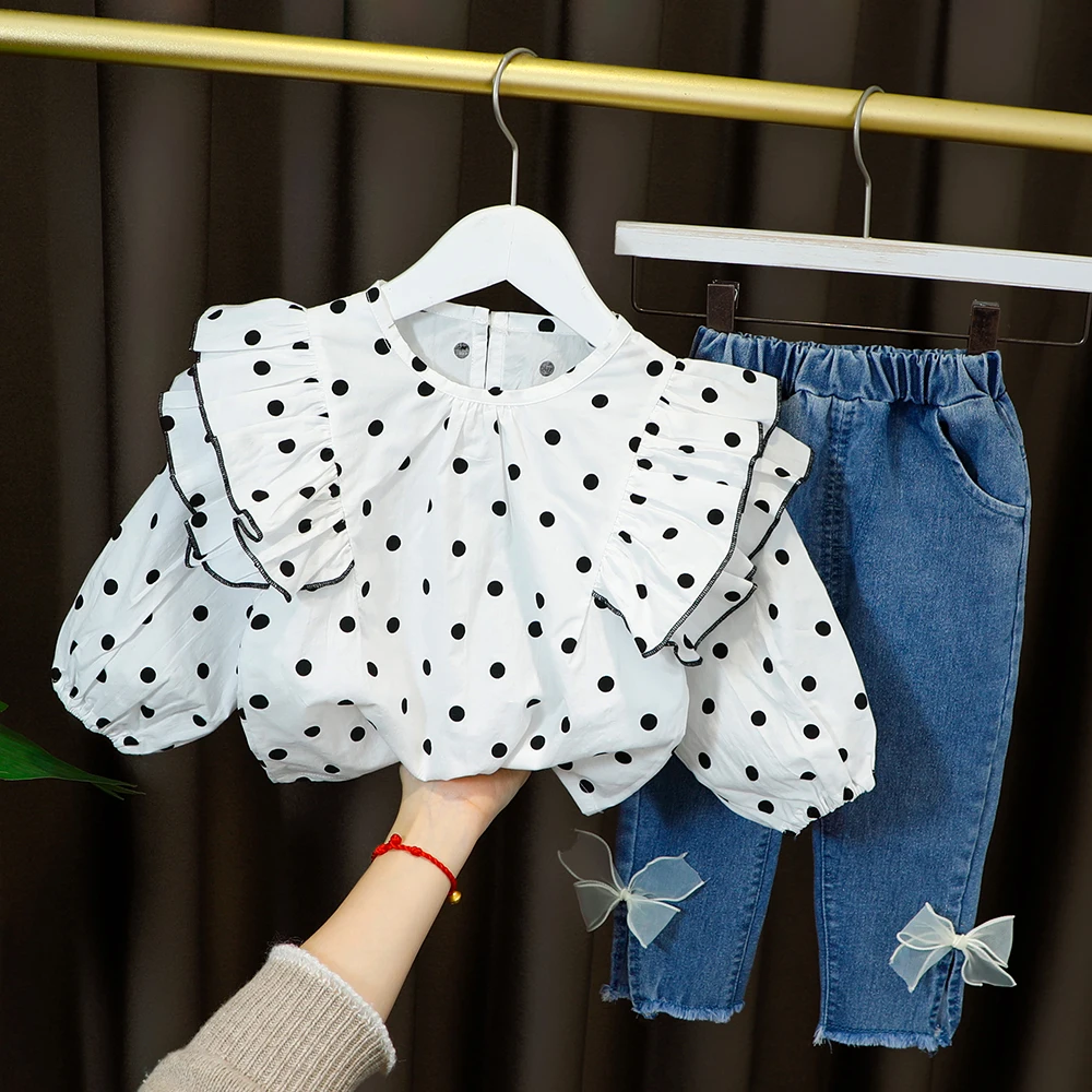 

Cute Clothes for Kid Baby Girl Outfit Set Fashion New Dot Lace Collar + Long Denim Bows Trousers Children Clothing 1 2 3 4 Years