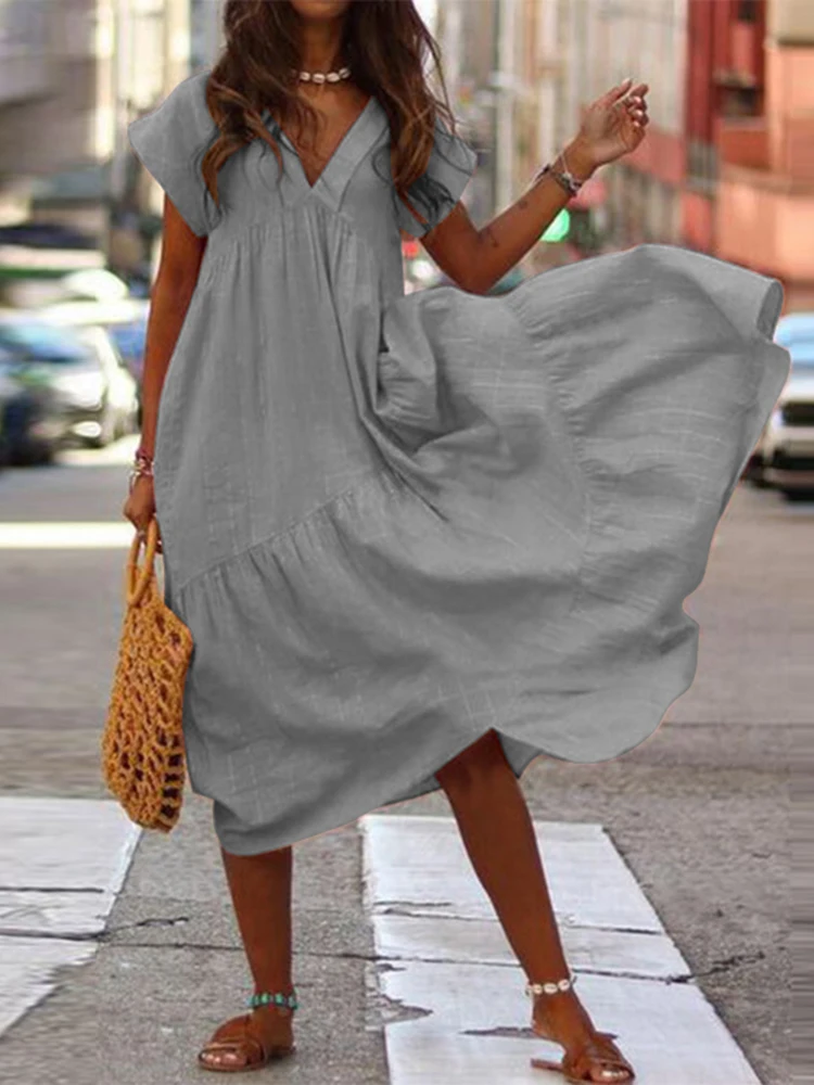 Summer Womens Elegant Short Sleeve Sundress 2023 Fashion V Neck Vestidos Female Solid Casual Loose Ruffle Long Dresses 28074 
Summer Womens Elegant Short Sleeve Sundress 2023 Fashion V Neck Vestidos Female Solid Casual Loose Ruffle Long Dresses 28074