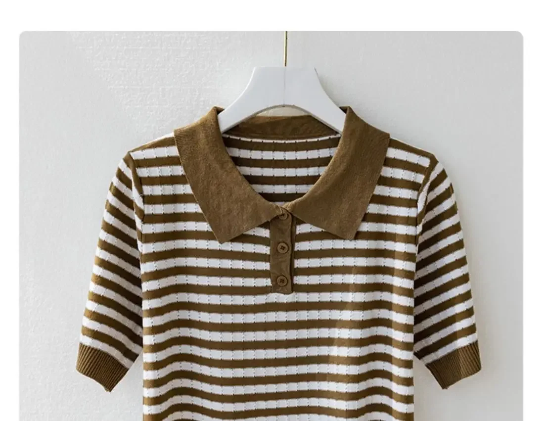 Fashion Women Short Sleeve Striped Knitted Polo Shirts Spring Summer All-match Tees Female Clothing New Pullover Bottoming Tops 30 S5696f16befc94762988b868476b2471d2