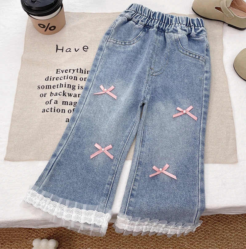 بنطلونات جينز للفتيات لفصلي الربيع والخريف بأسلوب غربي مع دانتيل وفيونكة، سراويل واسعة من الأسفل، بنطلونات طويلة أنيقة للفتيات الصغيرات بأسلوب كوري متعدد الاستخدامات بنطلونات جينز للفتيات لفصلي الربيع والخريف بأسلوب غربي مع دانتيل وفيونكة، سراويل واسعة من الأسفل، بنطلونات طويلة أنيقة للفتيات الصغيرات بأسلوب كوري متعدد الاستخدامات
