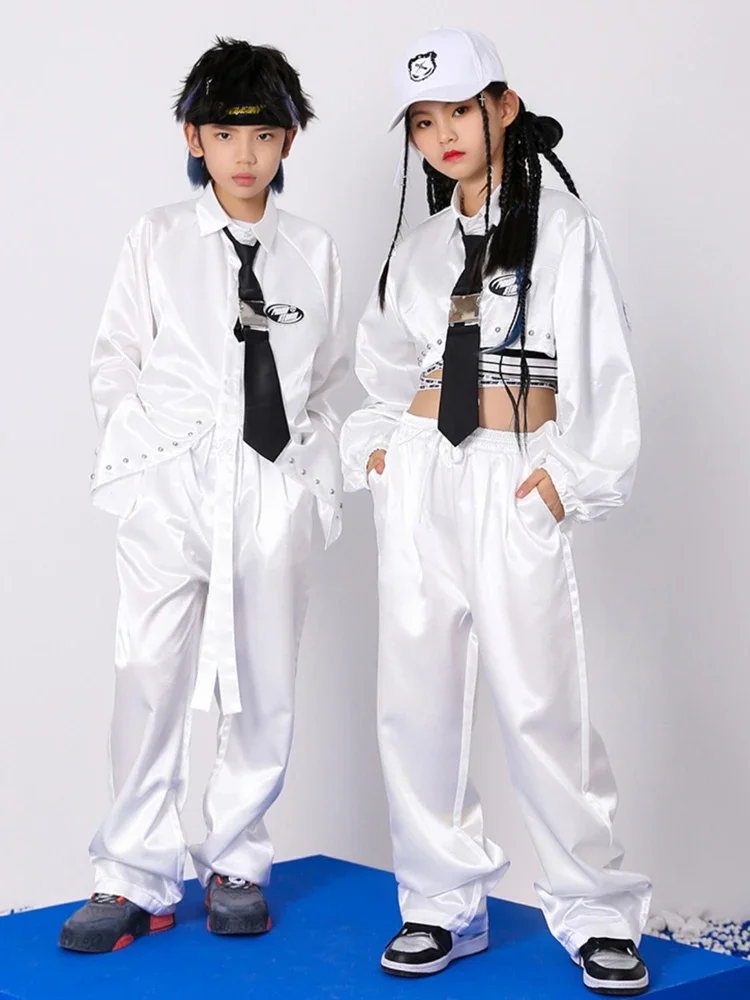 

Kids white long sleeves satin shirt pants Kpop hip hop clothing Boys Girls jazz dance costume modern street dance wear bl9594