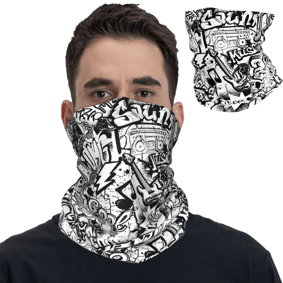 

Black And White Comics Graffiti Bandana Neck Cover Printed Balaclavas Face Mask Scarf Multifunctional for Men Women Adult Winter
