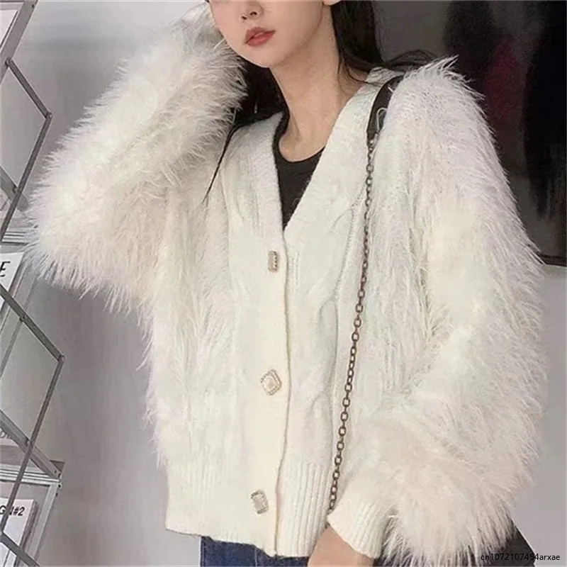 

Imitation Mink Wool Spliced Sweater Cardigan Women Autumn/Winter New Thickened Loose Relaxed V-neck Knitted Shirt Coat Trend