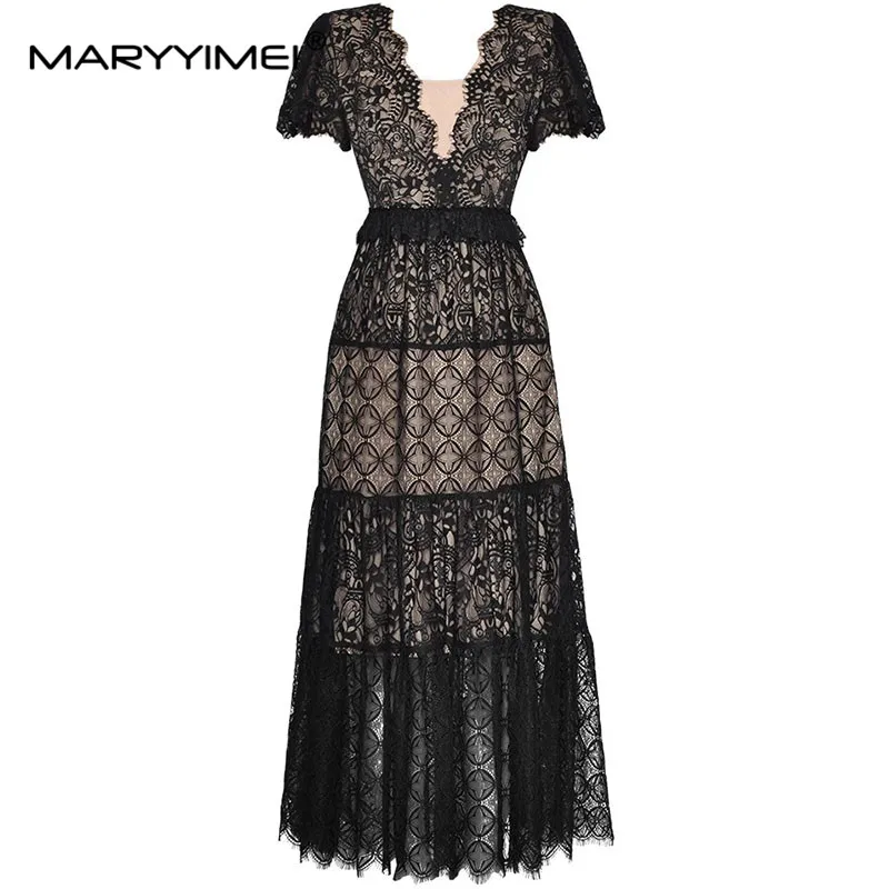 

MARYYIMEI Fashion Designers Spring Summer Woman's dress V-Neck Short sleeved Hollow out Ruffles Black Lace Long Dresses