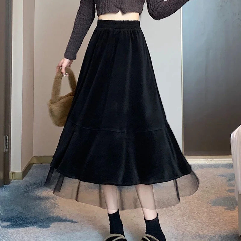 Biyaby Velvet Midi Skirt Women Fashion Tulle Patchwork Black Skirts Woman Autumn Winter Korean Style Elastic Waist A-Line Skirt
Biyaby Velvet Midi Skirt Women Fashion Tulle Patchwork Black Skirts Woman Autumn Winter Korean Style Elastic Waist A-Line Skirt