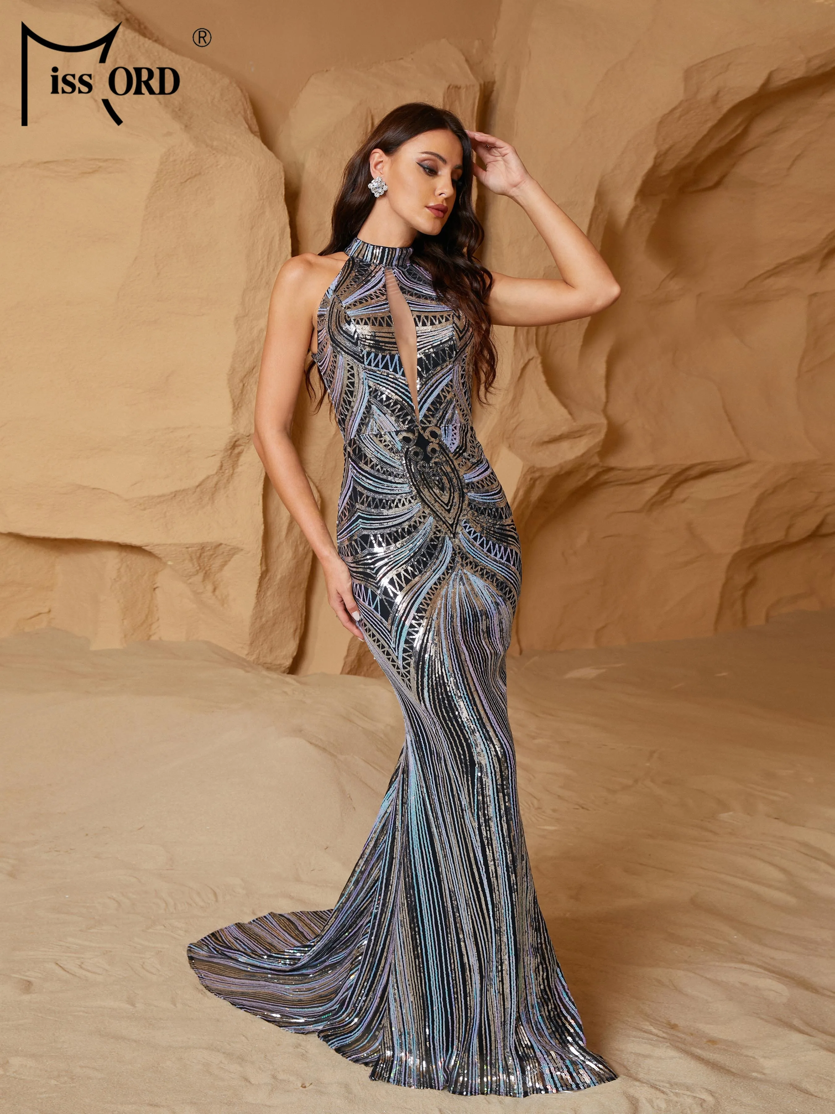 

Missord Multicolor Sequin Print Evening Dresses Elegant 2024 Women Turtleneck Sleeveless Cutout Bodycon Maxi Mermaid Party Dress