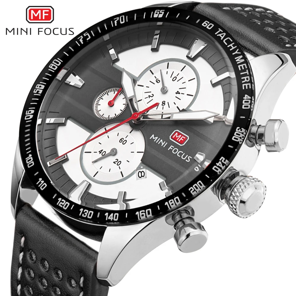 

MINI FOCUS Chronograph Watch for Men Fashion Calendar Window 3 Sub-dial 6 Hands Business Quartz Watches Leather Strap Clock 0002
