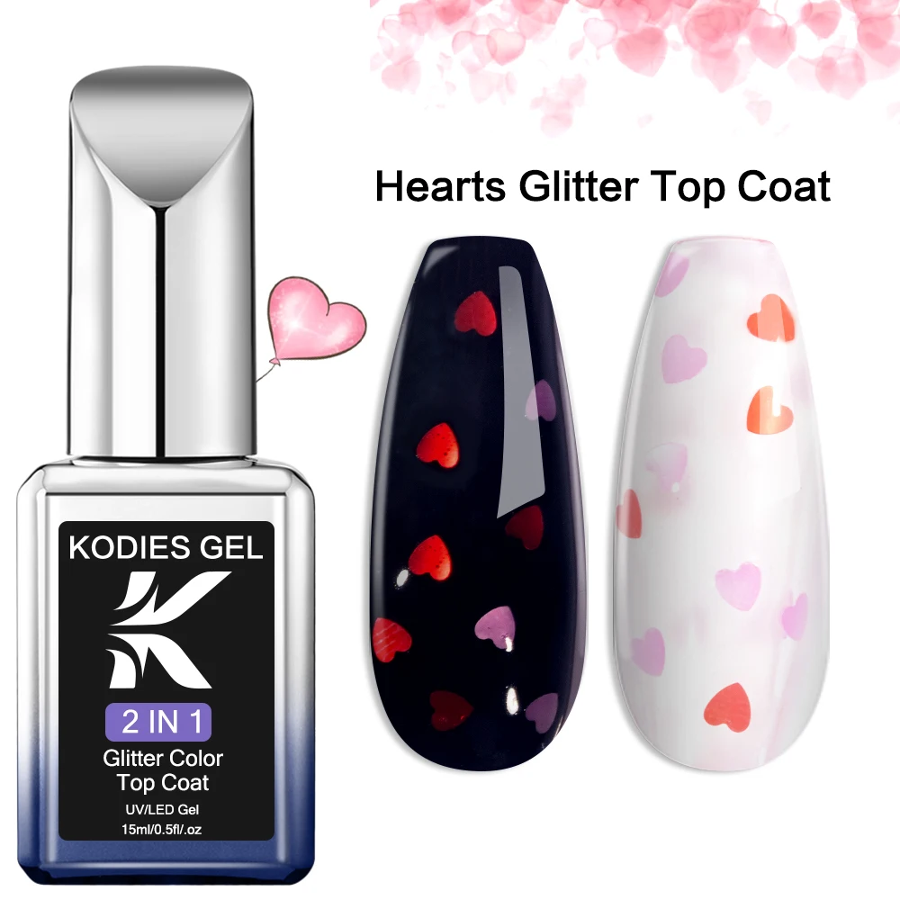 

KODIES GEL Heart Glitter Gel Polish Top Coat No Wipe 15ML Diamond Shine Flake Hybrid Gel Varnish Soak Off Sealer Topcoat Finish