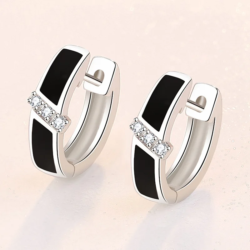 

925 Sterling Silver Needle Vintage Black Enamel Crystal Hoop Earrings For Women Girls Wedding Engagement Fashion Jewelry