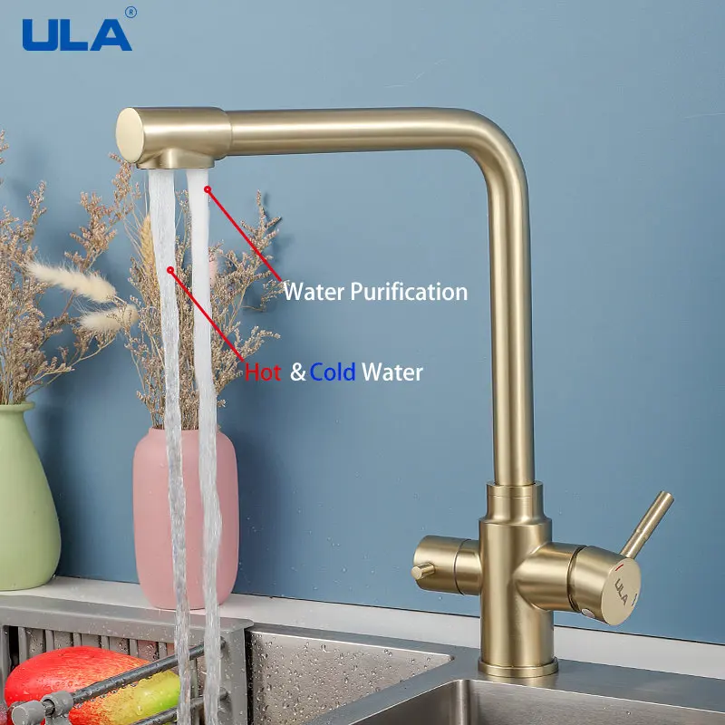 

ULA Brushed Gold Kitchen Faucets Stainless Steel 360 Rotate Kitchen Faucet Deck Mount Cold Hot Water Sink Mixer Kitchen Gold Tap