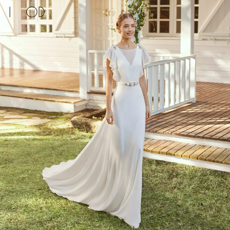 

I OD Simple Batwing Short Sleeve Wedding Dress 2023 Elegant A-Line Belt With Hand-made Flower Chiffon Robe De Mariee Court Train