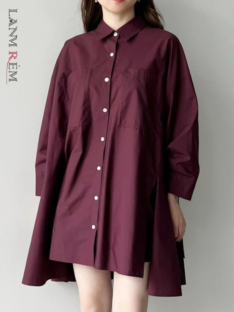 

[LANMREM] Minimalism Split Spliced Batwing Sleeve Striped Midi Shirts Women's Lapel Single Breasted Casual Blouses 2023 CP1963