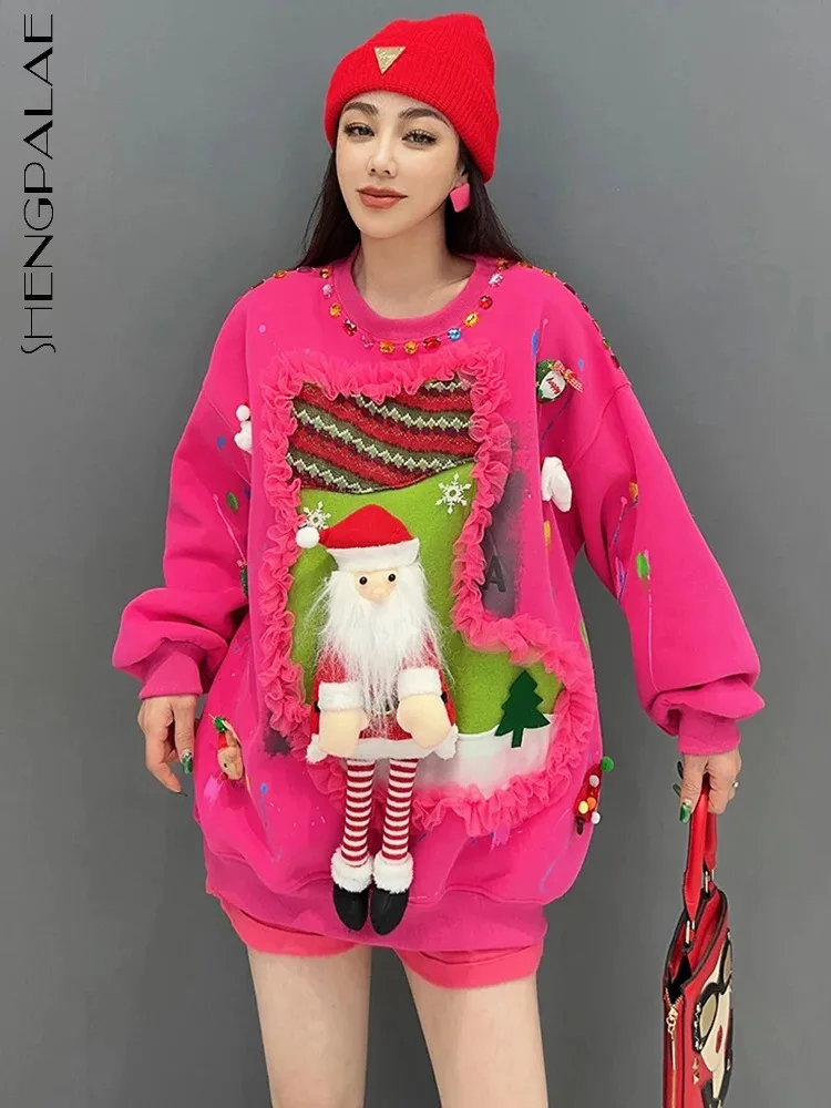 

SHENGPALAE Christmas Doll Design Sweatshirt For Women Winter 2023 New Diamonds O-neck Mesh Spliced Loose Casual Pullover 5R8531